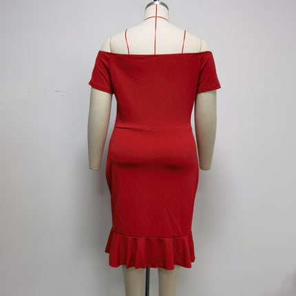 European and American plus size Women's Short-sleeved Open-shoulder V-neck Ruffled dress Dress JX073