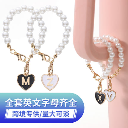 Cross-border keychain Cup accessories Pearl Chain love chain strap lobster buckle hanging 26 English letters chain