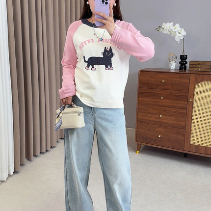 Shuangtian 2025 New Autum Plus Size Women's Knitwear Fat Girl Cartoon Cat Contrast Color Knitwear F561