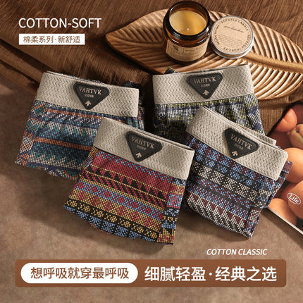 Tiktok Popular Ethnic Style Men's Underwear, American Light Luxury Style Boxer Briefs, Pure Cotton, Comfortable, Breathable, Mid-Waist Four-Corner Briefs