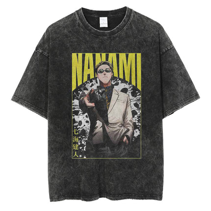 Huge Anime Flat Print Couple T-Shirt Washed Black Streetwear