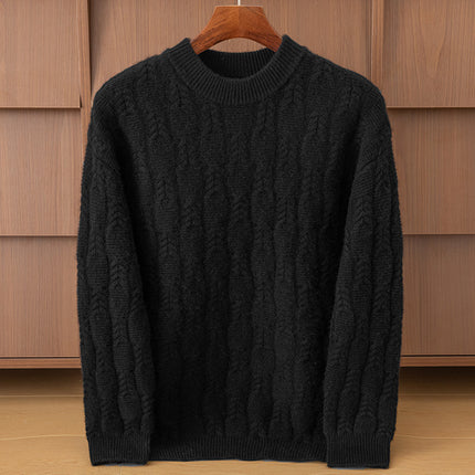 Autumn and Winter Cashmere Casual Versatile Loose Men's Solid Color Cable Knit Round Neck Pullover Wool Sweater