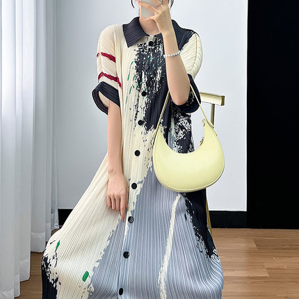 Miyake Simple Printed Casual Waist Loose Long Dress 2024 Summer Pleated Single-breasted New Women's dress