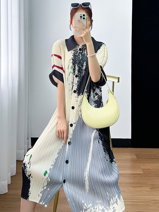Miyake Simple Printed Casual Waist Loose Long Dress 2024 Summer Pleated Single-breasted New Women's dress