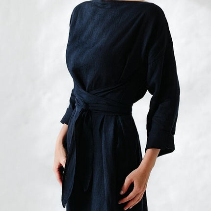 2023 new cotton and linen dress long sleeve off-neck lace-up dress