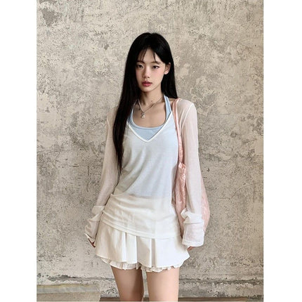 Mint Green Thin Layered V Neck Sun Protection Long-Sleeved T-Shirt for Women Summer Slimming Look Right Shoulder Pure Color Top