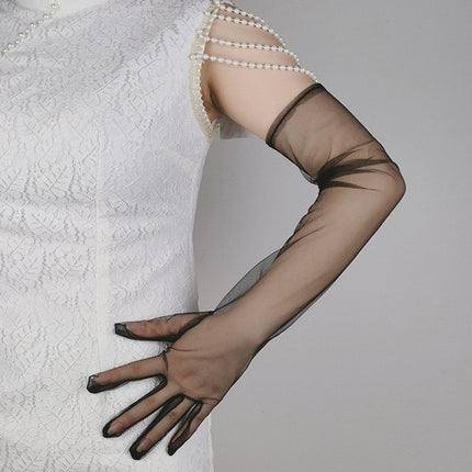 European and American Sexy Black Extra Long Yarn Transparent Gloves Finger Tulle Premium Ball Party Halloween Decorative Hand Sleeve