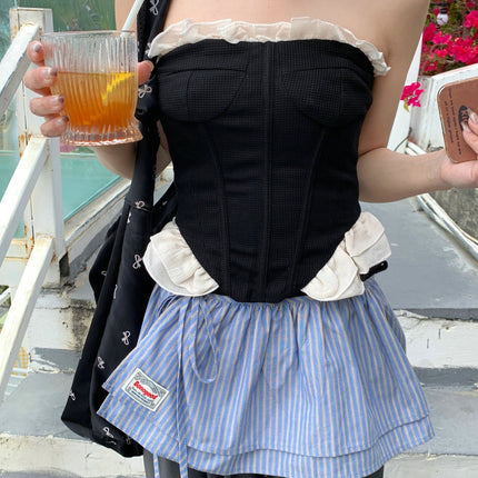 2025 Spring New Blue Plaid Lace-up Fart Curtain Women's Korean-style Retro All-match One-piece Decorative Half-length Skirt