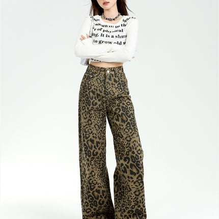 American Style High Street Leopard Print Wide Leg Jeans Women's 2025 Spring New High Waist Loose Slimming Straight Pants