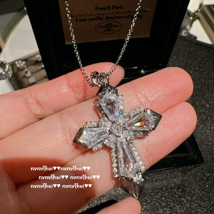Italian Vintage Brushed Cross Gemstone Necklace Vintage Water Drop Zircon Tassel Neck Chain Overlapping