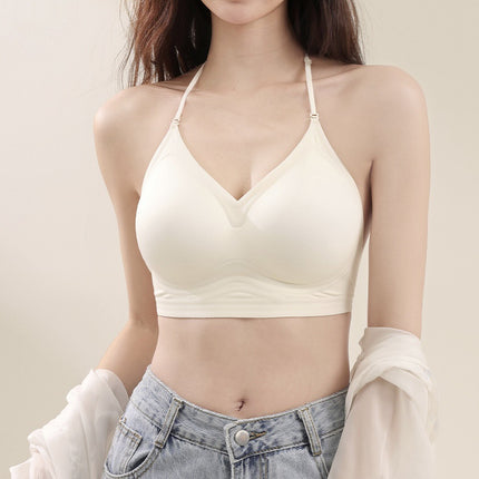 Black Halter Neck Strap Beautiful Back Bra for Women with Small Bust, Push-Up Cross U-Shaped Backless Invisible Seamless Bra