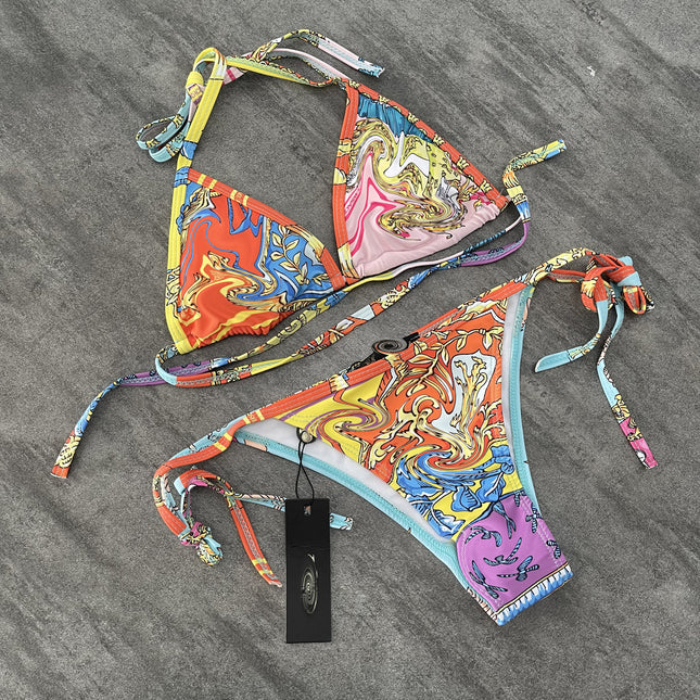 Factory Export Women's Sexy Two-Piece Swimsuit Flower Tooth Split Swimsuit European and American Ethnic Style Printed Bikini