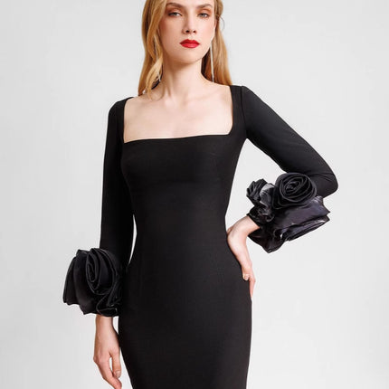 Europe and the United States cross-border boutique women's dress round neck three-dimensional flower nail drill slim hip bandage evening dress