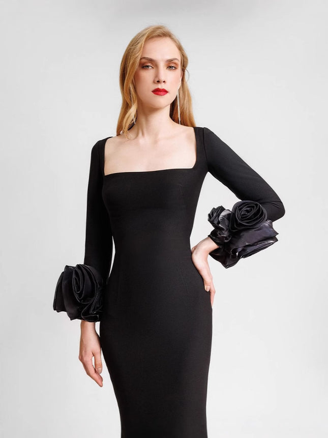 Europe and the United States cross-border boutique women's dress round neck three-dimensional flower nail drill slim hip bandage evening dress
