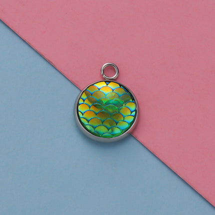 Cross border in stock 12MM mirror titanium steel resin round fish scale jewelry accessories DIY personality fashion geometric pendant