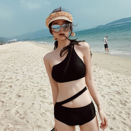 Korean Hot-Selling Pure Color Sexy Pure Desire One-Shoulder Beautiful Back Split Women's Swimsuit Beach Bikini Hot Spring Swimsuit