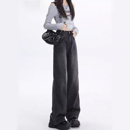 Retro Distressed Wide-leg Jeans for Women Summer 2024 New American High-waisted Loose Slimming Look Draped Floor-length Pants