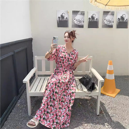 Cotton floral dress 2024 new thin waist pure wind Amazon artificial cotton beach dress fairy dress