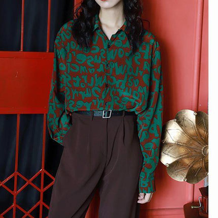 Top women's design sense niche light familiar shirt 2022 spring and autumn vintage printed green long sleeve mermaid Ji shirt fashion