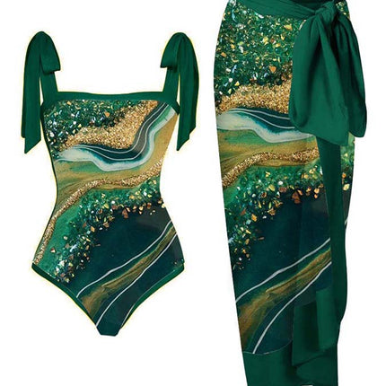 Amazon 2023 European and American New Fixed Edition Printed Two-Piece One-Piece Swimsuit Conservative Covered Hip Skirt Spot Swimsuit