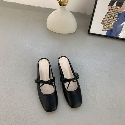 Simple Ballet Shoes with Square Toe and Bowknot, 2025 Summer New Style, Closed-Toe, Open-Back Women's Shoes with a Single Strap
