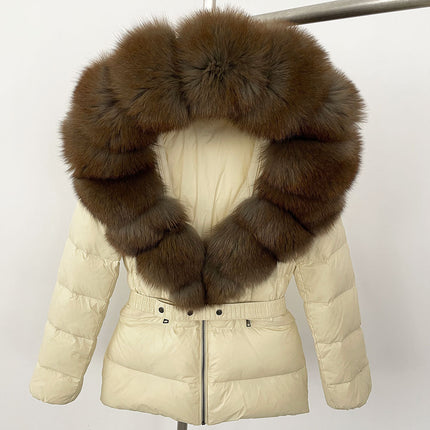 25 New Foreign Trade Hot Style Short Women's Real Fox Fur Collar down Jacket Thickened Slim Waist Fur down Jacket