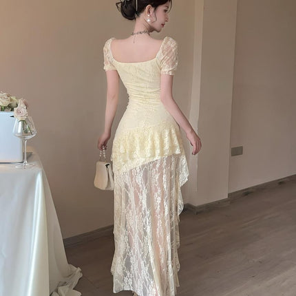 Nightclub Clothes 9210 Sexy Lace Female Technician Long Skirt Ladylike Elegant Cut Out Asymmetrical Low-Cut Dress