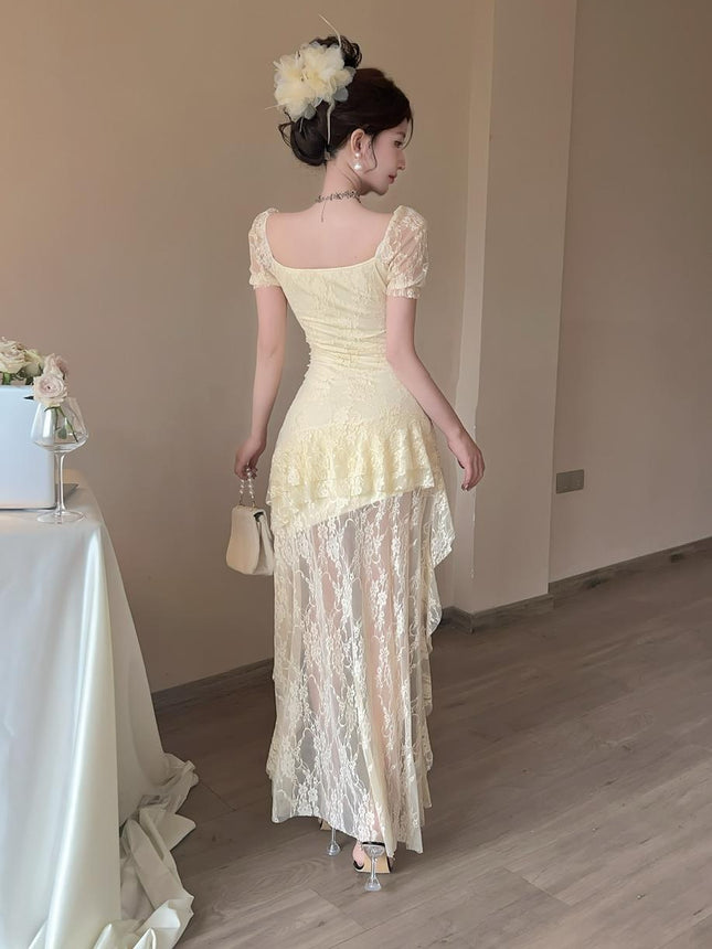 Nightclub Clothes 9210 Sexy Lace Female Technician Long Skirt Ladylike Elegant Cut Out Asymmetrical Low-Cut Dress