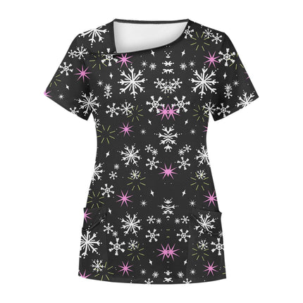 Cross-Border Aliexpress Amazon Women's Short-Sleeved Christmas Positioning Printed Flap Pocket Pants Top Scrub Clothes T-Shirt