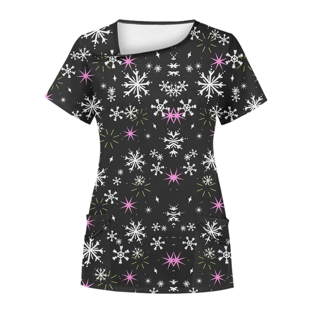 Cross-Border Aliexpress Amazon Women's Short-Sleeved Christmas Positioning Printed Flap Pocket Pants Top Scrub Clothes T-Shirt