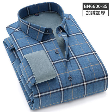 24 Winter Pure Cotton Brushed Plaid Warm Shirt Fleece-Lined Thickeneded Winter Shirt Light Business Square Collar Long-Sleeved Shirt