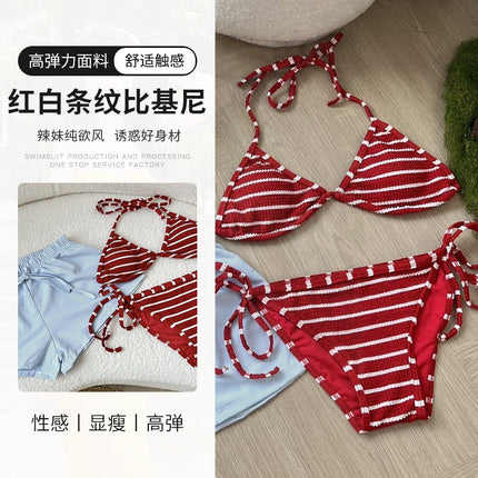 [Free Vacation] Hot Girl Pure Desire Style Red and White Stripes Whitening Seaside Vacation Beach Separates Swimsuit Bikini