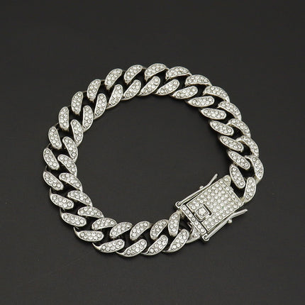 European and American hip hop style full diamond encryption Cuban chain clavicle chain necklace hipster cool flash personality butterfly buckle necklace accessories