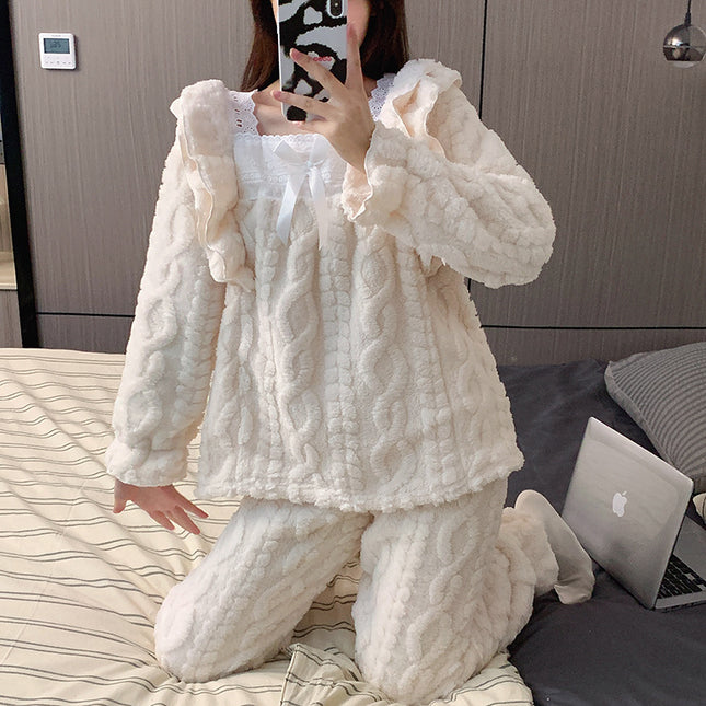 Pajamas for Women Winter New Style Coral Velvet Fleece-Lined Thickeneded Student Warm Lace Princess Style Home Wear Set