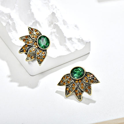 Cross-Border European and American Full Diamond Leaf Earrings Retro Crystal Hd Marking Sea Silver Needle Diamond Leaf Petal Earrings