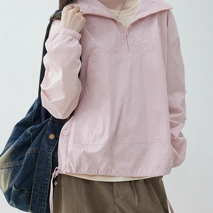 Sweet Style Half Open Collar Hooded Drawstring Coat Women's Spring New Pullover Solid Color Top