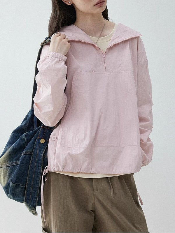 Sweet Style Half Open Collar Hooded Drawstring Coat Women's Spring New Pullover Solid Color Top