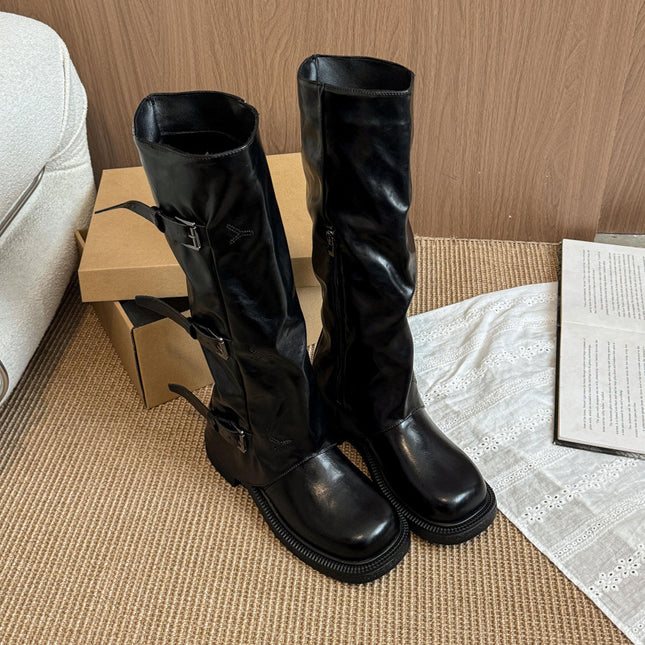 Belt Buckle Fashion Boots for Women 2025 New British Style Straight Fashion Elegant Knee-High Boots Fashion Boots Trend