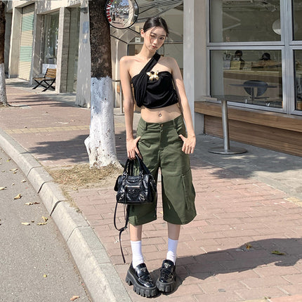 American Fashion Trendy Summer New Style Removable Two-Wear Army Green Casual Wide-Leg Multi-Pocket Crane Pants for Women