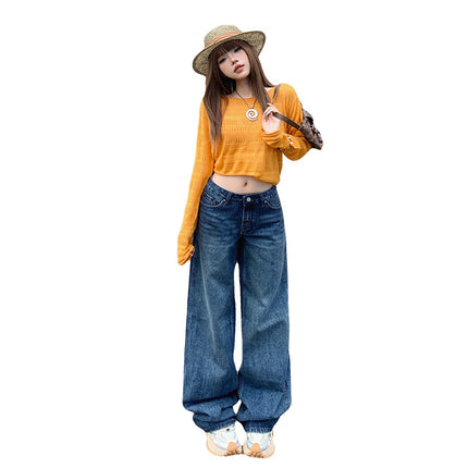 Raccoon House # American Retro Loose Low-Waist Wide-Leg Pants Versatile Drape Autumn and Winter New Straight-Leg Jeans for Women
