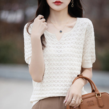 Pure Cotton Knitted Short-Sleeved Women's Spring and Summer New Elegant Half-Sleeved Cut Out Loose Fashion Pure Color T-Shirt Top