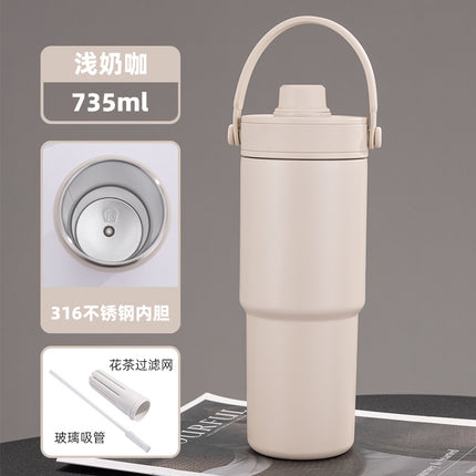 Cross-border high-value 316 stainless steel thermos cup large-capacity double-drink ceramic liner car cup portable handle cup