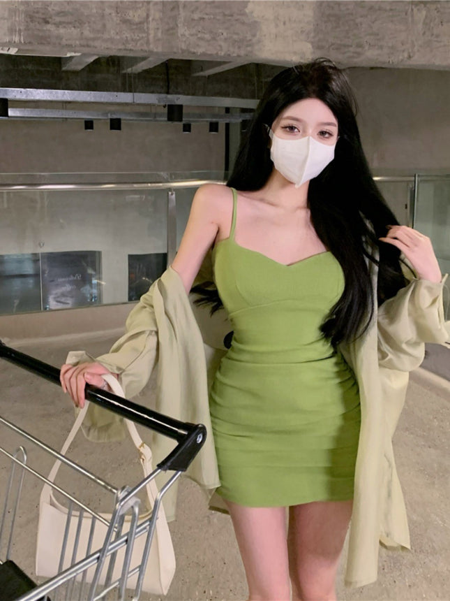 French Style Fresh Green Sling dress Women's Summer Figure-looking Mori Style Slim-fit Sexy High-end Hip Skirt