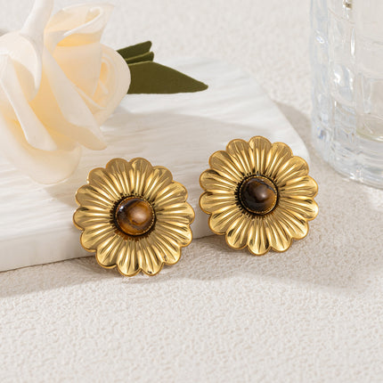 Sunflower stainless steel tiger eye stone female earrings Europe and the United States cross-border titanium steel 18k gold earrings high sense flower earrings