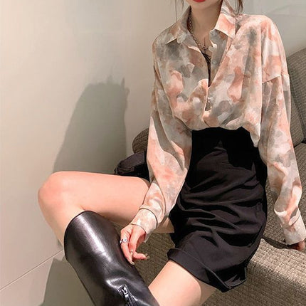 Top women's design sense niche light familiar shirt 2022 spring and autumn vintage printed green long sleeve mermaid Ji shirt fashion