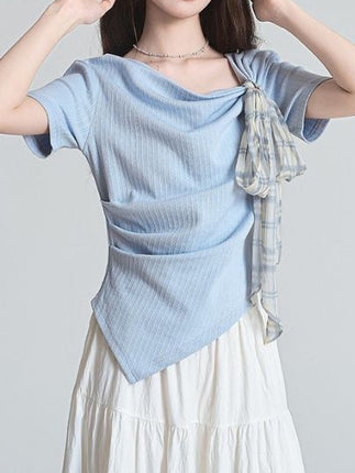 Foreign Trade Wholesale French-Style Tie-Up Irregular Design Short-Sleeve T-Shirt for Women, Super Stylish Off-Shoulder Slim-Fit Crop Top