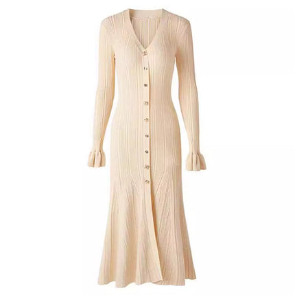 S2026 Spring and Autumn French Style New Women's Fashion European and American Socialite Fine Glitter Line V-Neck Single-Breasted Flared Sleeve Slim Dress
