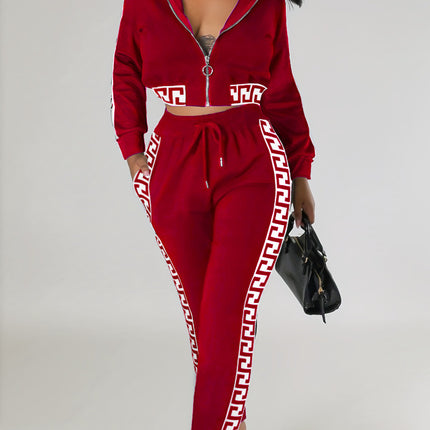 Cross-Border Amazon Women's Spring and Autumn Fashion High-End Casual Suit with Crop Top Zipper and Floral Patchwork Long Pants