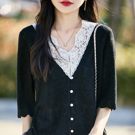 Spring and Summer New French Lace Worsted Wool Thin Cardigan Breathable Cut Out Women's V Neck Quarter-Sleeve Jacket