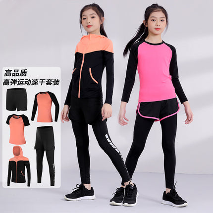 Children's Running Clothing Sports Suit Tights Girls Yoga Training Basketball Quick-Drying Clothing Elastic Sweat-Absorbent Fitness Clothing